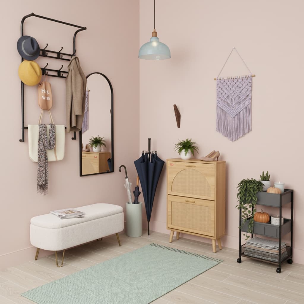 Eco-Friendly Entryway Mudroom Design with Pastel Color Scheme