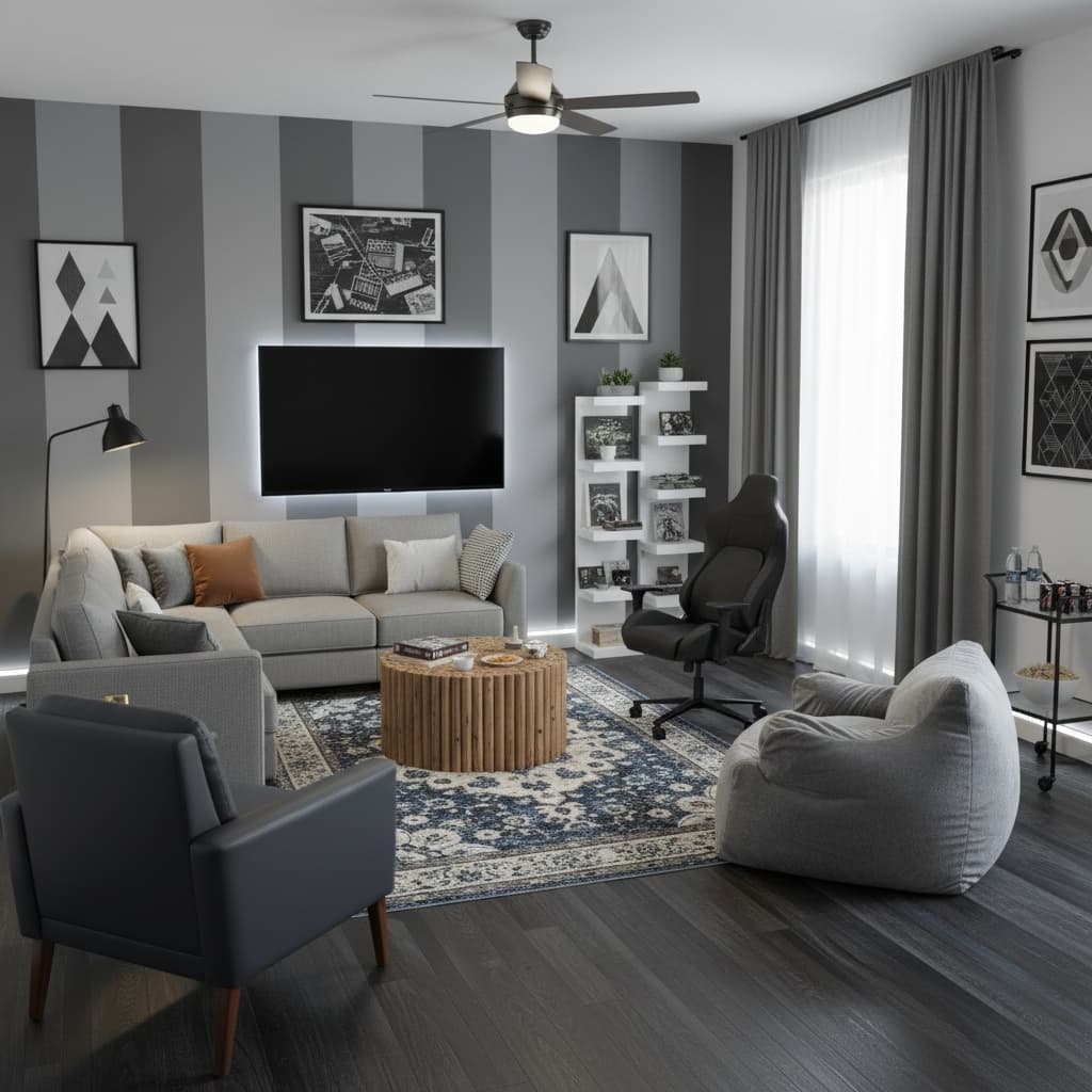 Modern Media/Game Room Design with a Monochrome Color Scheme