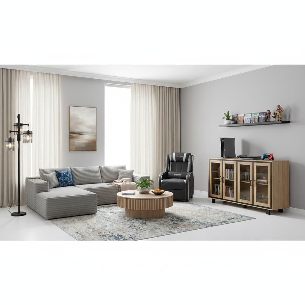 Design a Modern Media/Game Room with a Neutral Color Palette: Stylish and Versatile