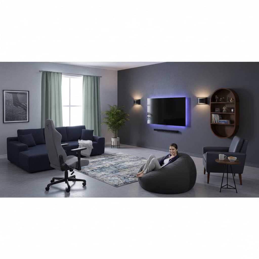 Eco-Friendly Media Game Room Design with a Monochrome Color Scheme