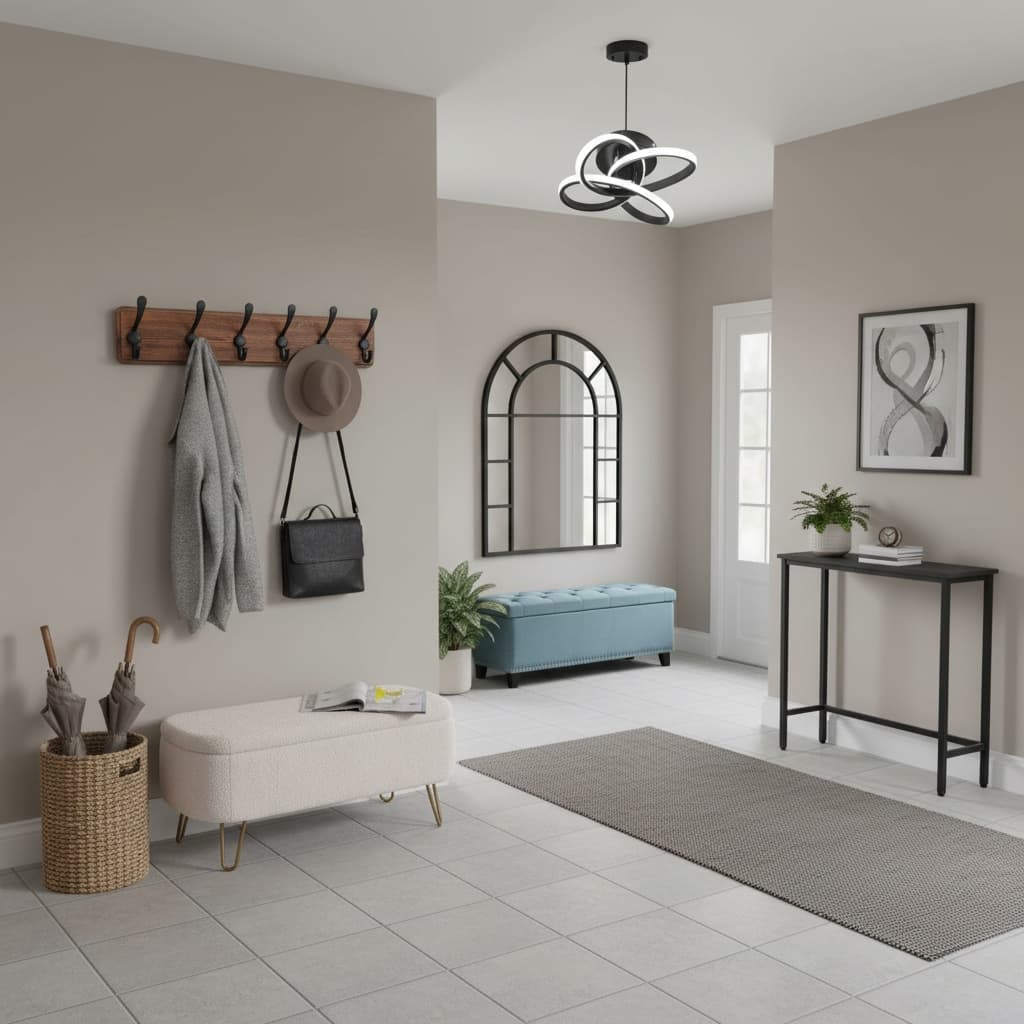 Scandinavian Entryway and Mudroom Design with a Monochrome Color Scheme