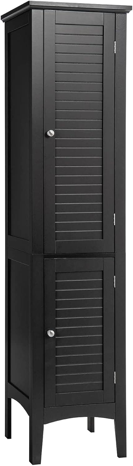 Tangkula Tall Bathroom Storage Cabinet, 5-Tier Wooden Freestanding Tower Cabinet, Narrow Storage Floor Cabinet w/ 2 Doors & Shelves for Bathroom Living Room Kitchen (Black)