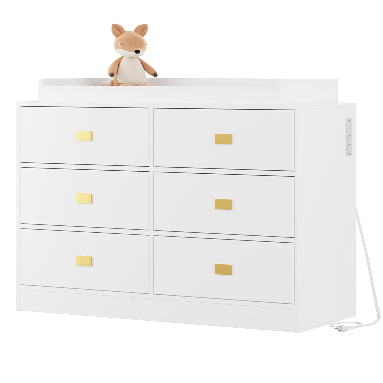 Changing Table Dresser with 6 Drawers, Changing Dresser with Power Outlets, Baby Dresser with Changing Table Top, Nursery Dresser Diaper Changing Station with Soft Changing Pad & Removable Top, White