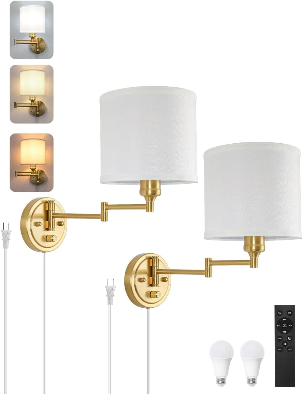 Plug in Wall Sconces with Remote Control, Dimming 10%-100% & Adjustable Colors 2700K-6500K, Hardwire or Plug-in, Swing Arm Wall Lamp with White Fabric Shade, Wall Sconces Set of Two, Gold Finish