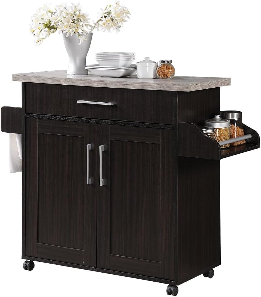 Hodedah Rolling Wood Kitchen Island Cart with Spice Rack, Towel Rack, Utensil Drawer plus Cabinet, White with Beech Top