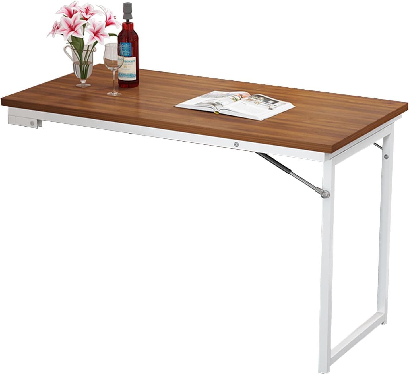 Wall Mounted Folding Table - Space-Saving Wooden Desk with Iron Legs, Flip-Up Floating Desk for Small Spaces, Dining, Laptop, Workstation (White, 39.4"x19.7")