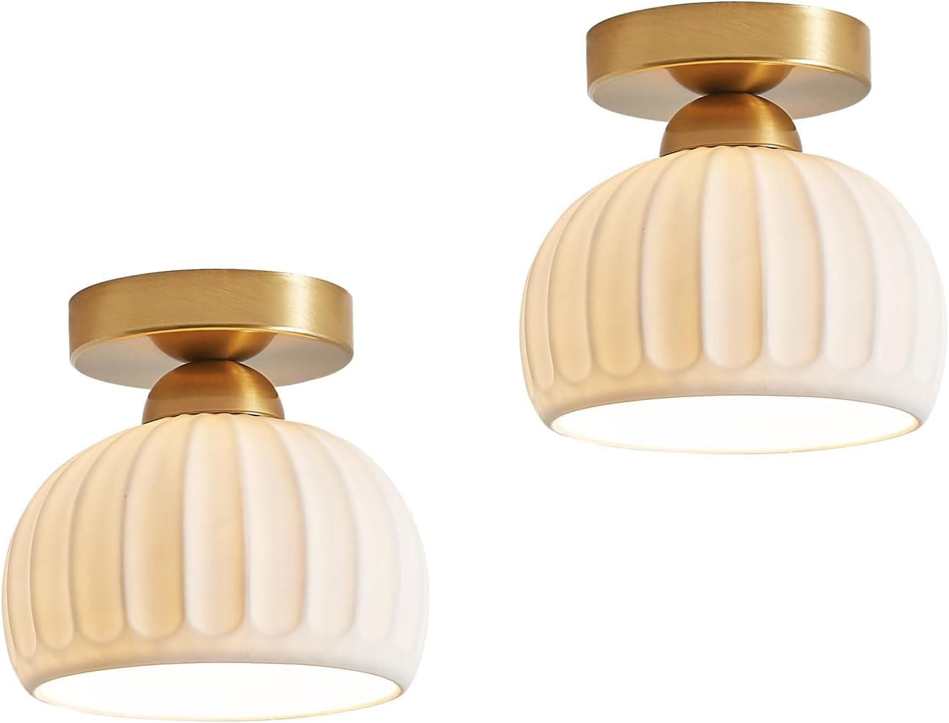 2 Pack White Ceramic Gold Base Semi Flush Mount Ceiling Light Vintage Hallway Light Fixtures, Modern Small Flush Mount Ceiling Light for Hallway Dining Room Kitchen Entryway Passway Porch Foyer
