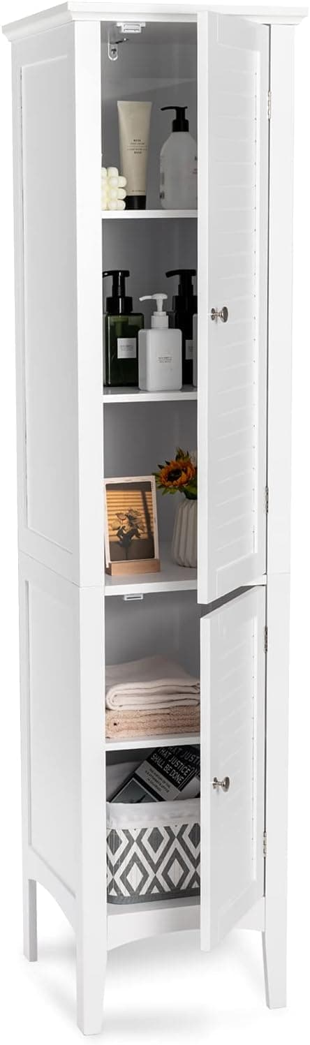 LOKO Tall Bathroom Floor Cabinet, Multifunctional Storage Cabinet with Doors, Narrow Slim Linen Tower for Bathroom, Living Room or Kitchen, 14.5 x 14.5 x 63 inches (White)
