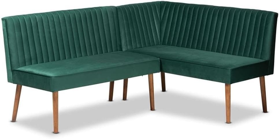 Baxton Studio Alvis Mid-Century Modern Emerald Green Velvet Upholstered and Walnut Brown Finished Wood 2-Piece Dining Nook Banquette Set
