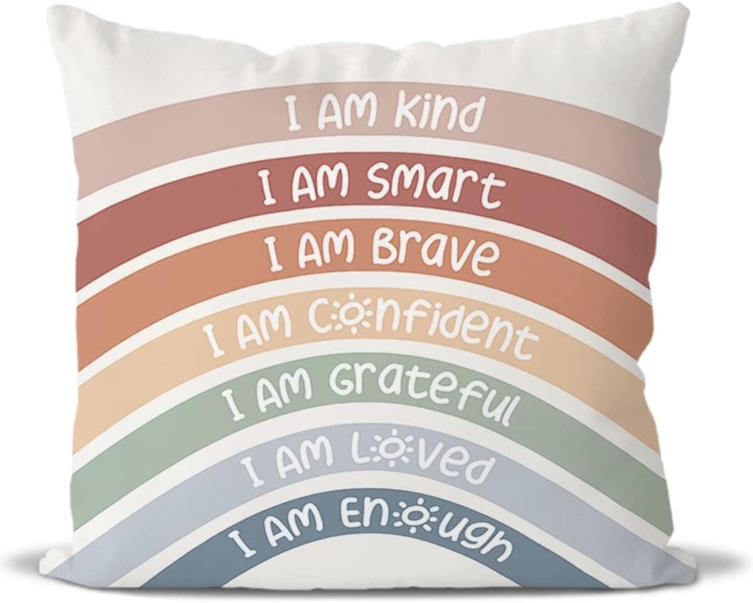QIYUHOY Kids Classroom Reading Corner Rainbow Throw Pillow Covers 18x18, Positive Affirmations Pillow Case Decor for Calming Corner Cozy Corner Nursery Toddler Room Playroom