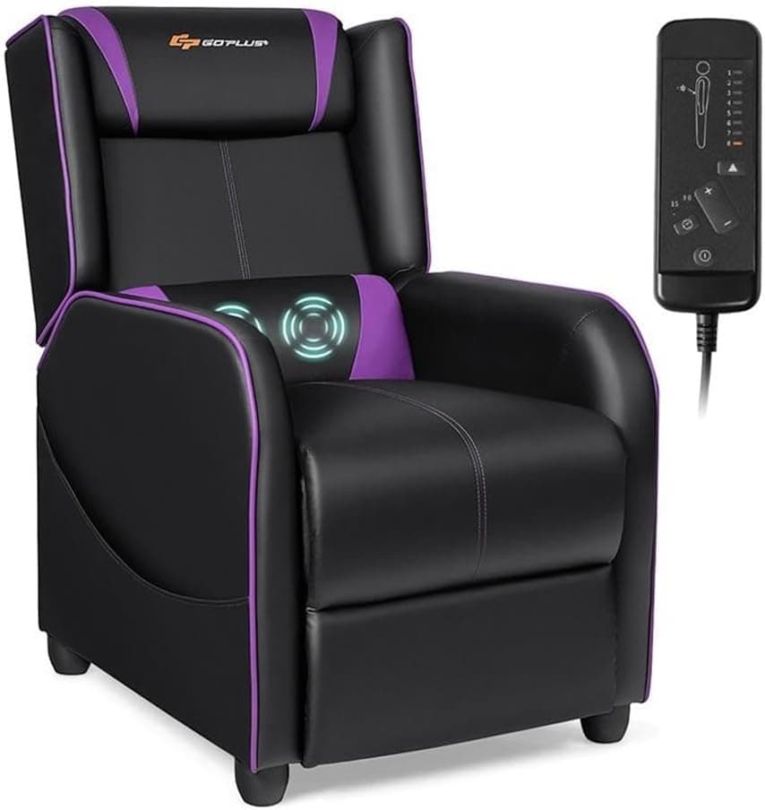 Pemberly Row Contemporary Faux Leather Massage Gaming Recliner Chair in Purple