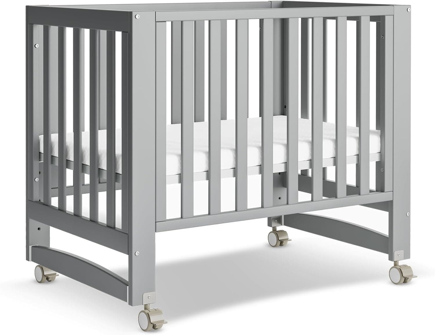 EvoNest Baby Crib, 6 in 1 Convertible Mini Crib with Wheels, 100% New Zealand Wood Growing Bed, 4 Adjustable Mattress Height，Grey