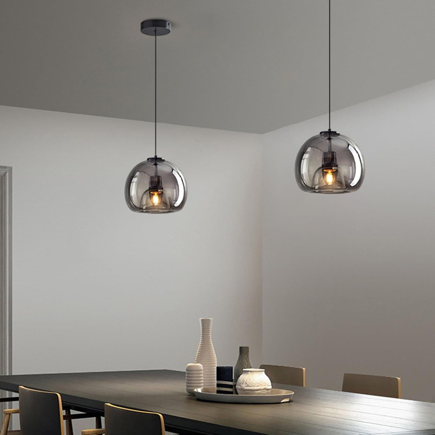 MIXL-8 Inches Smoked Glass Pendant Light,Modern Globe Shape Hanging Light,Creative Mid Century Modern Pendant Lamp for Kitchen Island,Bedroom& Living Room