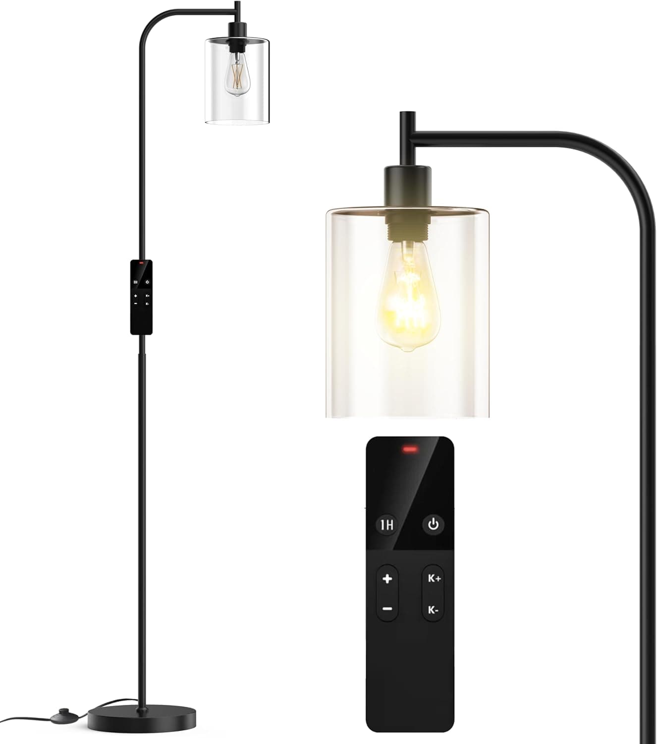 Industrial Floor Lamp with Glass Shade, Modern Dimmable Floor lamp with Remote LED Bulbs, Tall Lamp for Living Room Corner, Bedroom, Office (Black)