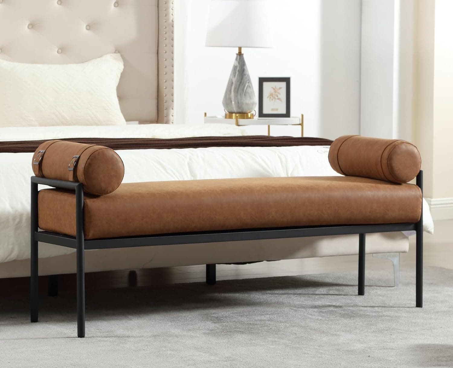 Brown Leather Modern End of Bed Bench Upholstered Entryway Bench with Detachable Cylindrical Pillows/Metal Legs PU Ottoman Bench for Living Room/Bedroom/Hallway/Corner, 55Inch