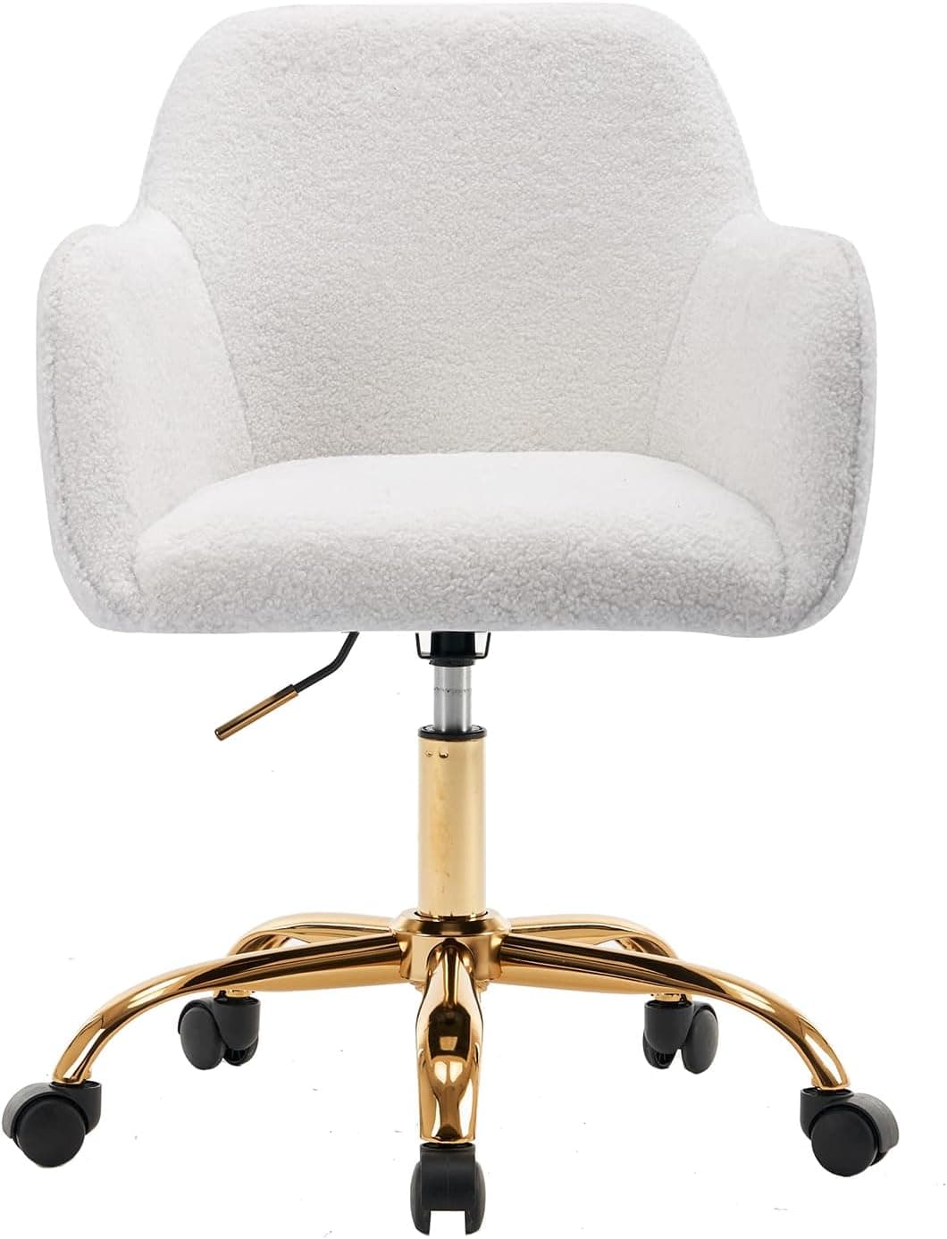 Modern Teddy Home Office Chair, Upholstered Cute Desk Chair with Gold Metal Legs, Adjustable Swivel Task Chair with Wheels, Vanity Chair for Girls Women Small Space Bedroom Study Makeup, White