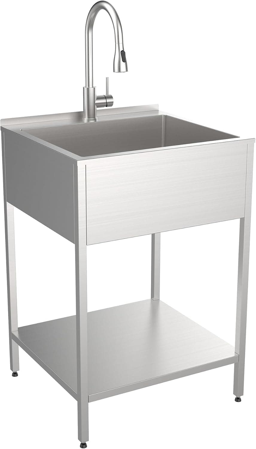 Transolid EWS-2422S 24-in W x 22.1-in D x 35.2-in H Stainless Steel Laundry Sink and Wash Stand for Indoor/Outdoor Use, Brushed Satin