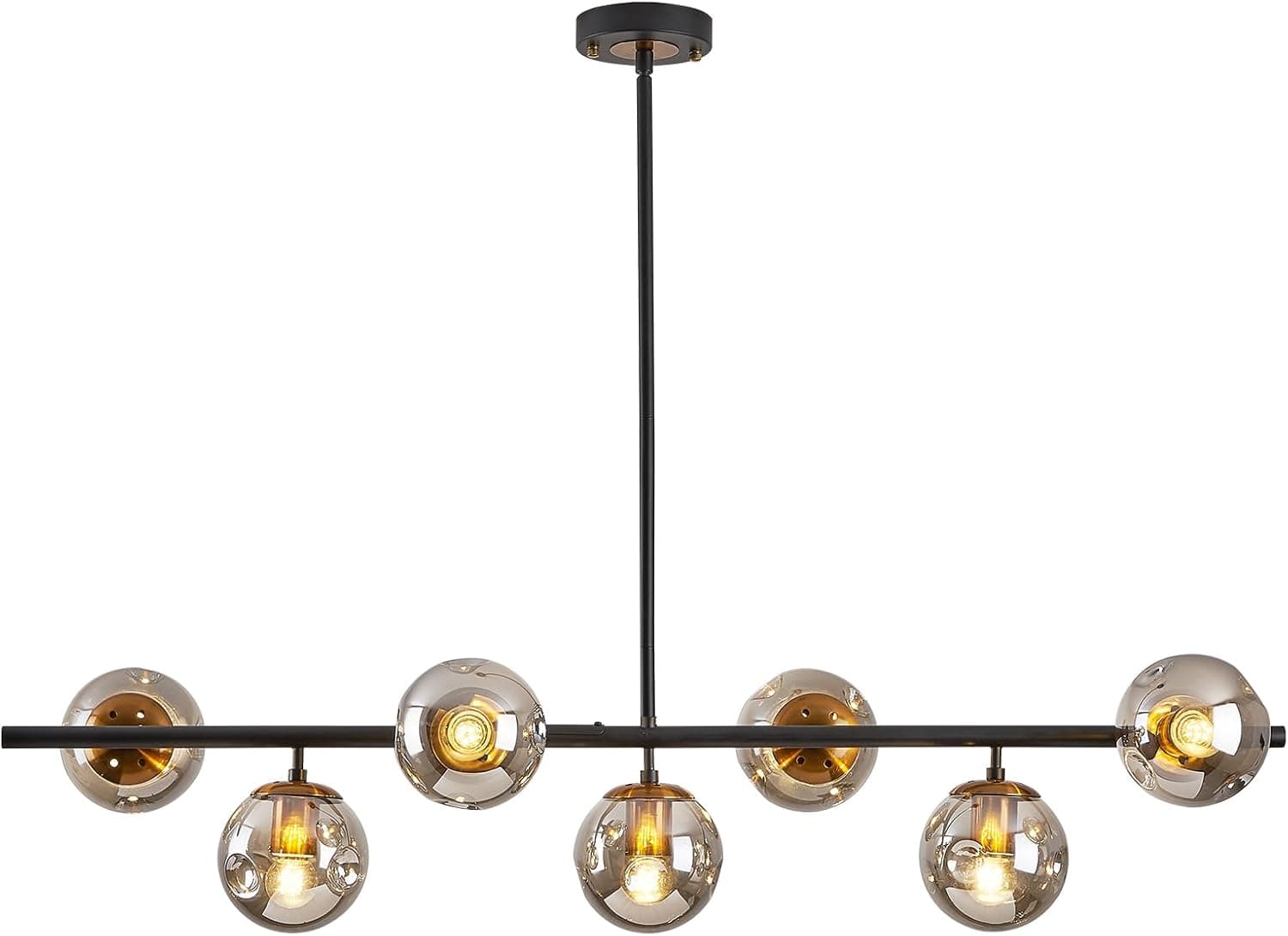 Modern linear chandeliers for dining room,7 Lights Glass Globe sputnik ceiling light fixture 41" Mid Century black and gold chandelier (Large Long Pendant Hanging Lighting for Kitchen Island)