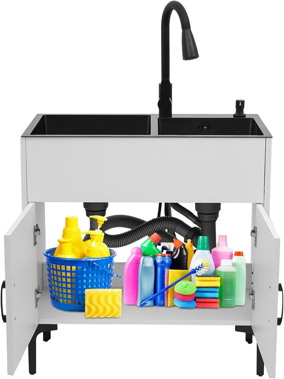 Laundry Sink with Cabinet Freestanding Utility Sink 30" Bathroom Vanity with Sink & Pull-Out Faucet Stainless Steel Laundry Room Sinks for Laundrys Room, Garage, Basement (White)