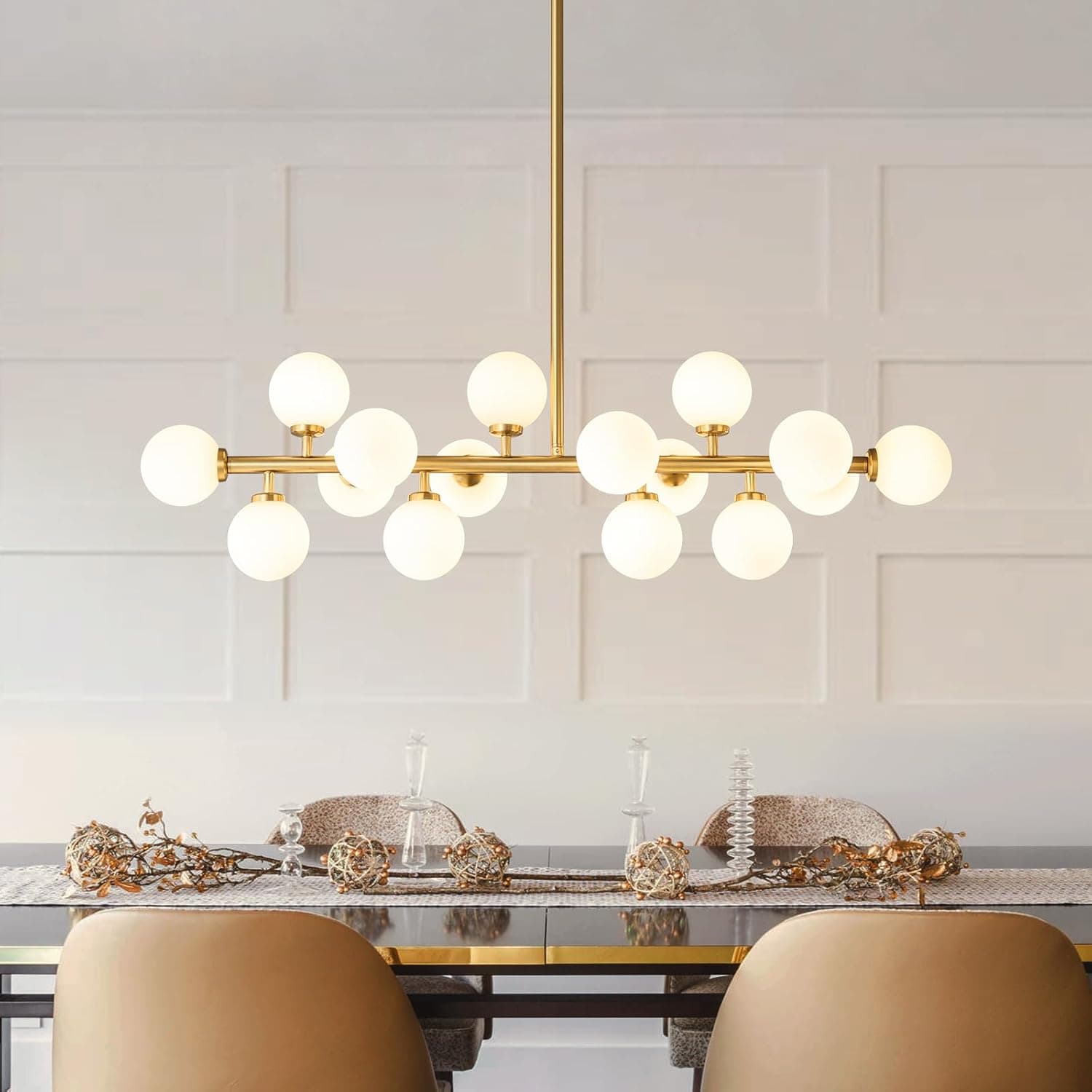 Mid Century Modern Sputnik Chandelier: 16-Light Globe Chandeliers Over Table - White Glass Linear Chandelier Dining Room Light Fixture - Gold Brass Modern Chandeliers for Living Room Kitchen Island