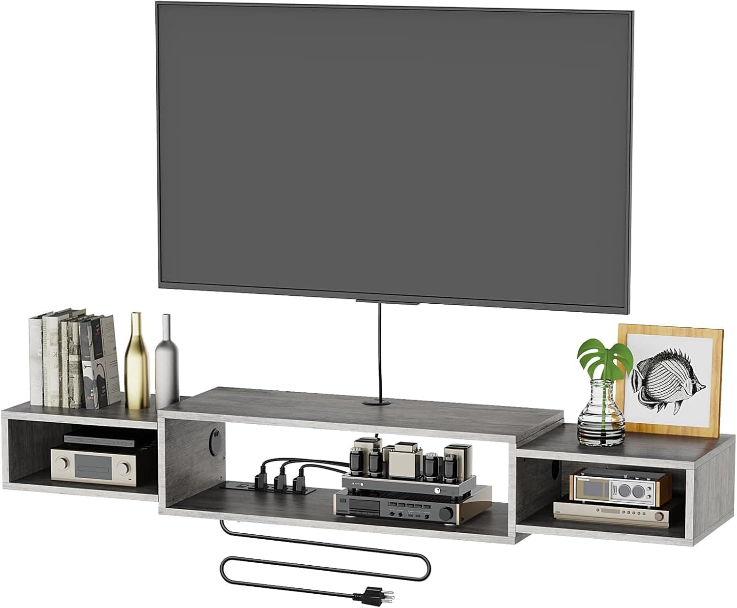 55" Wall Mounted TV Cabinet with Power Outlet, Floating Wood Media Console for Audio, Video, Game Console, Modern Entertainment Center for Living Room & Bedroom, Gray