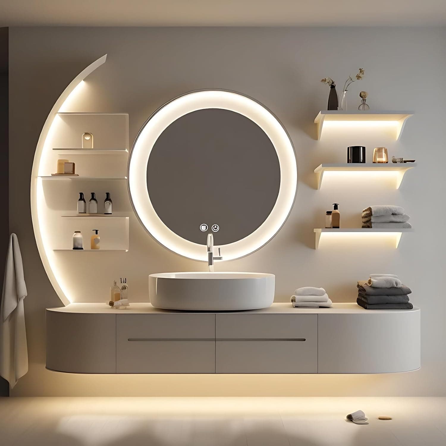Bathroom Vanity - Floating Bathroom Vanity Set with Seamless Sink & Smart LED Defog Mirror Cabinet, Anti-Fog Technology & LED Light, Modern Sink with Multiple Storage Areas (Off-White,48IN)