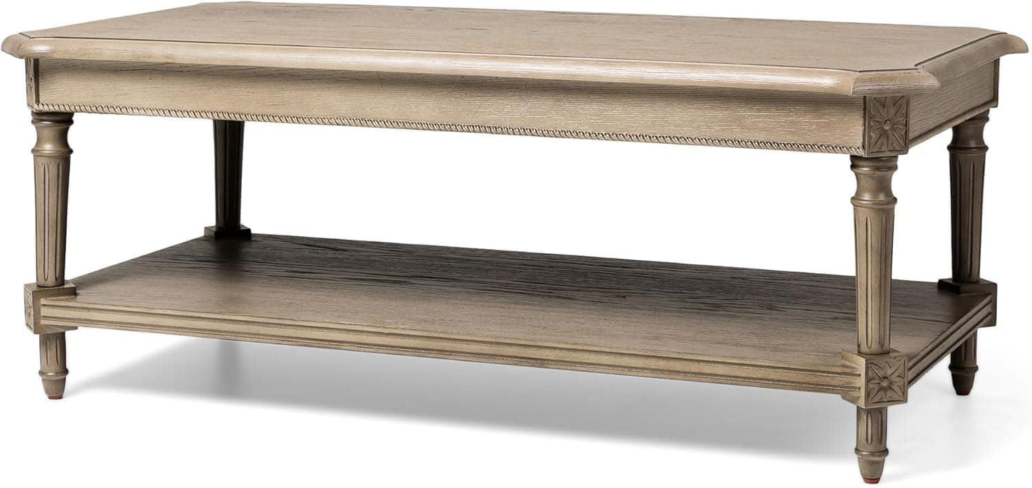 Maven Lane Pullman Large 2 Tier Traditional Rectangular Wooden Center Coffee Table with Shelf Storage in Rustic Antiqued Grey Finish