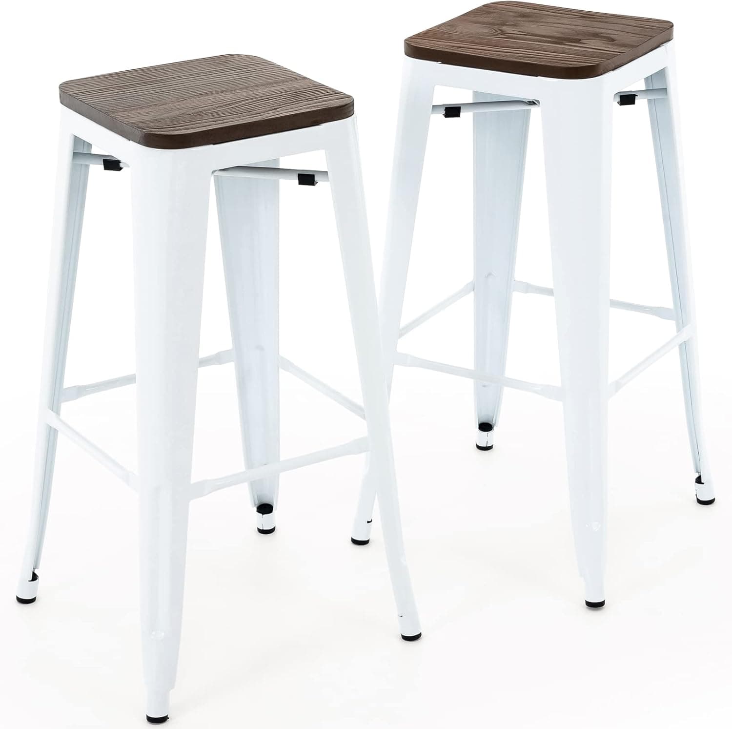 Brage Living 30 Inch Metal Bar Stools with Square Solid Elm Wood Seat Top, Backless Stackable Industrial Barstools Set of 2 (White)