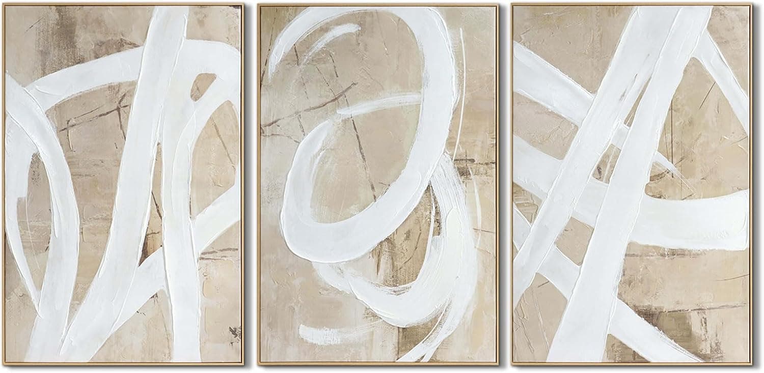 Zessonic Neutral Abstract Wall Art Minimalist White Brown Pastel Paint Strokes Shapes Textured Framed Wall Decor Large Canvas Paintings- Living Room Bedroom Office Modern Neutral 24"x36" 3 piece
