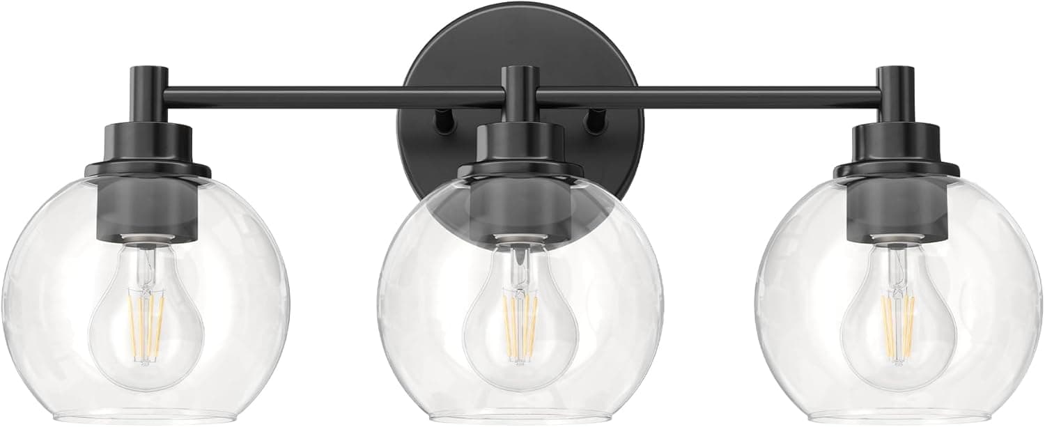 VONLUCE Bathroom Light Fixtures, 3-Light Vanity Light with Globe Glass Shades E26 Sockets, Bathroom Lights Over Mirror for Bedroom Hallway Living Room, Black Finish