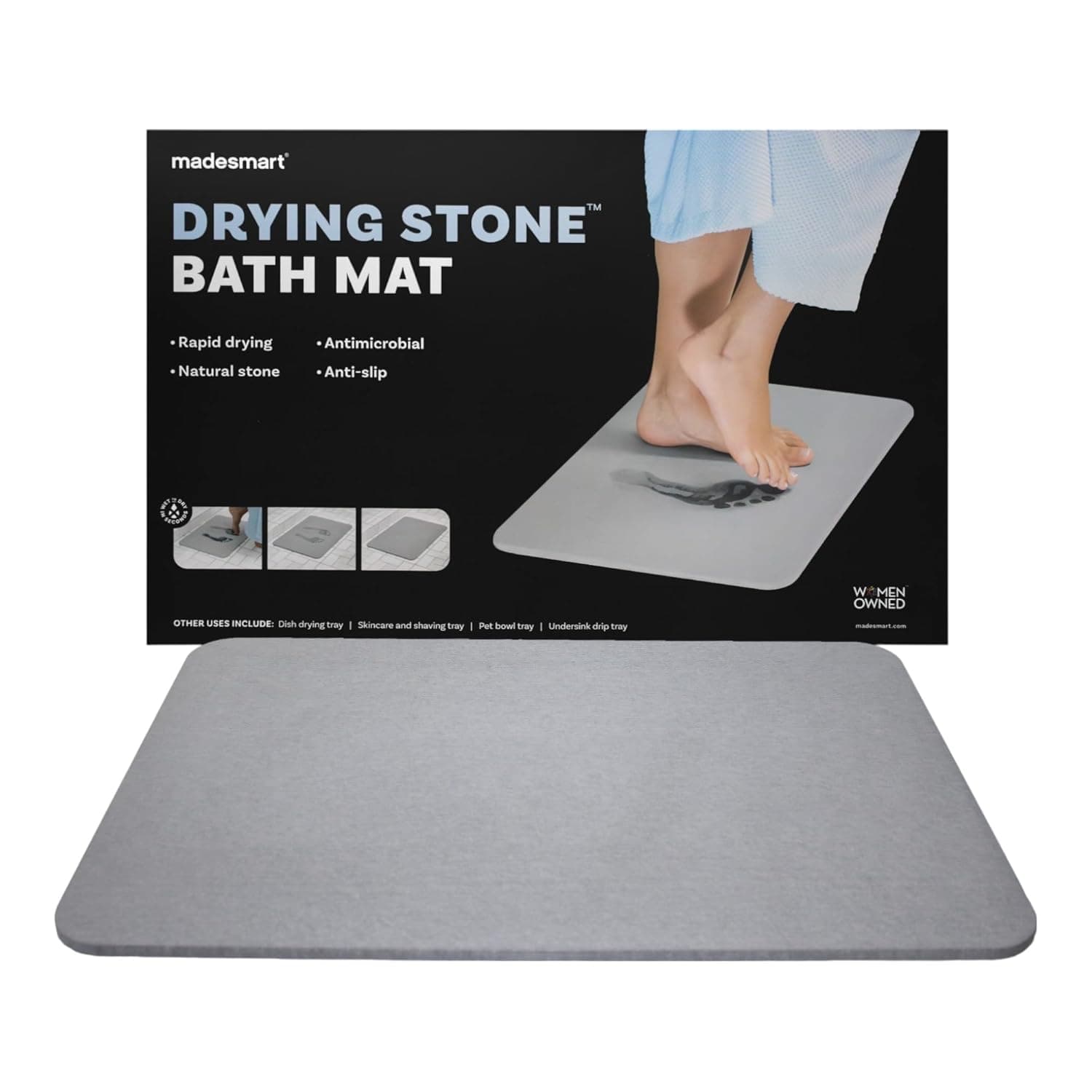 Madesmart Drying Stone Bath Mat, Grade A Diatomite Stone, Absorbent & Easy to Clean, Quick Drying Bath Mat, Slip-Resistant, Eco-Friendly Bathroom Mat