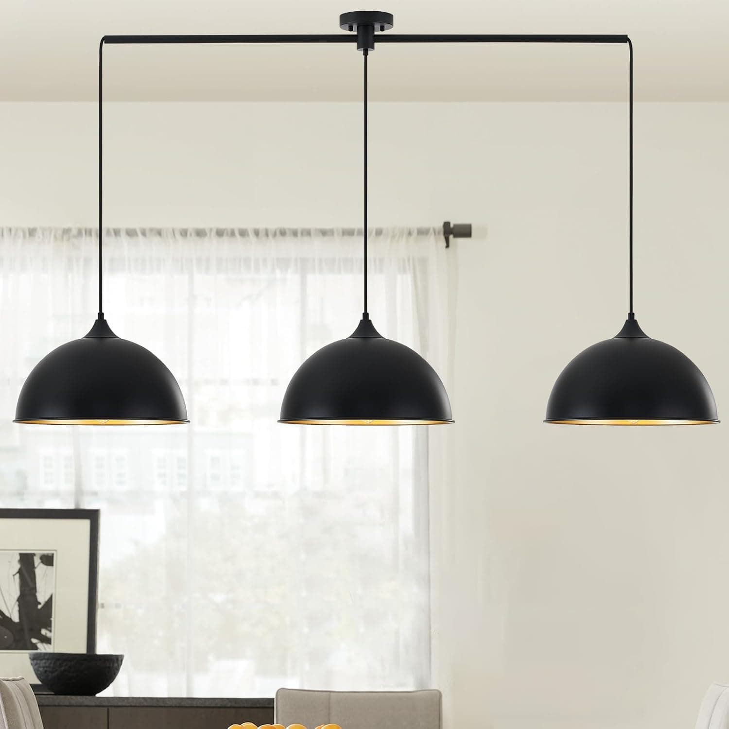 Pendant Lights Kitchen Island, 3-Pack Dome Pendant Light Fixtures with Black and Gold Finish Farmhouse Industrial Hanging Pendant Light for Dining Room Restaurant Cafe Entryway