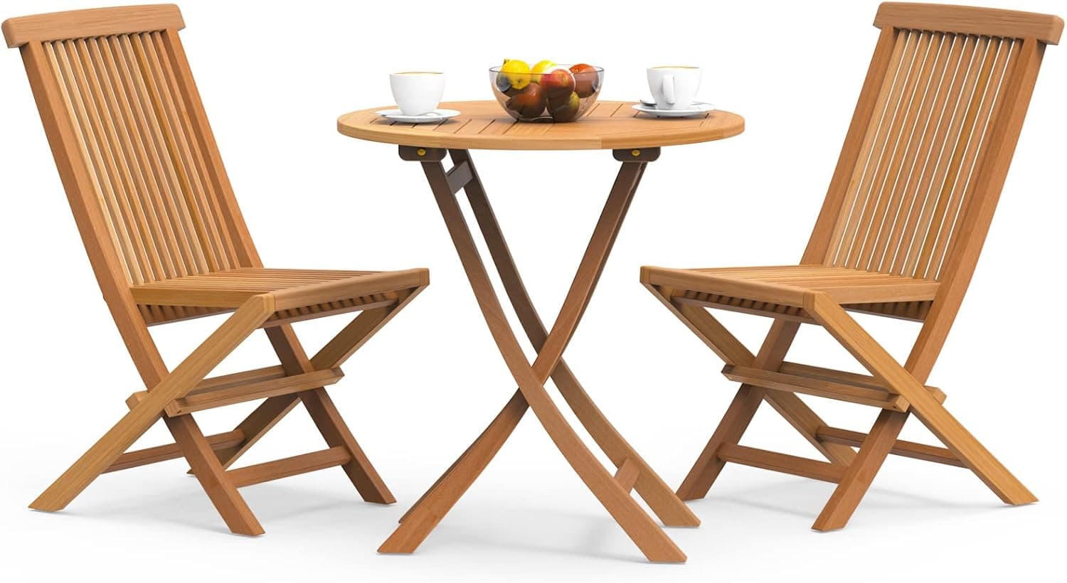 3-Piece Patio Bistro Set, Solid Grade-A Teakwood Folding Bistro Chairs Set of 2, Weather-Resistant Coffee Table Set, Bistro Set for Lawn Balcony Porch Garden Backyard Pool