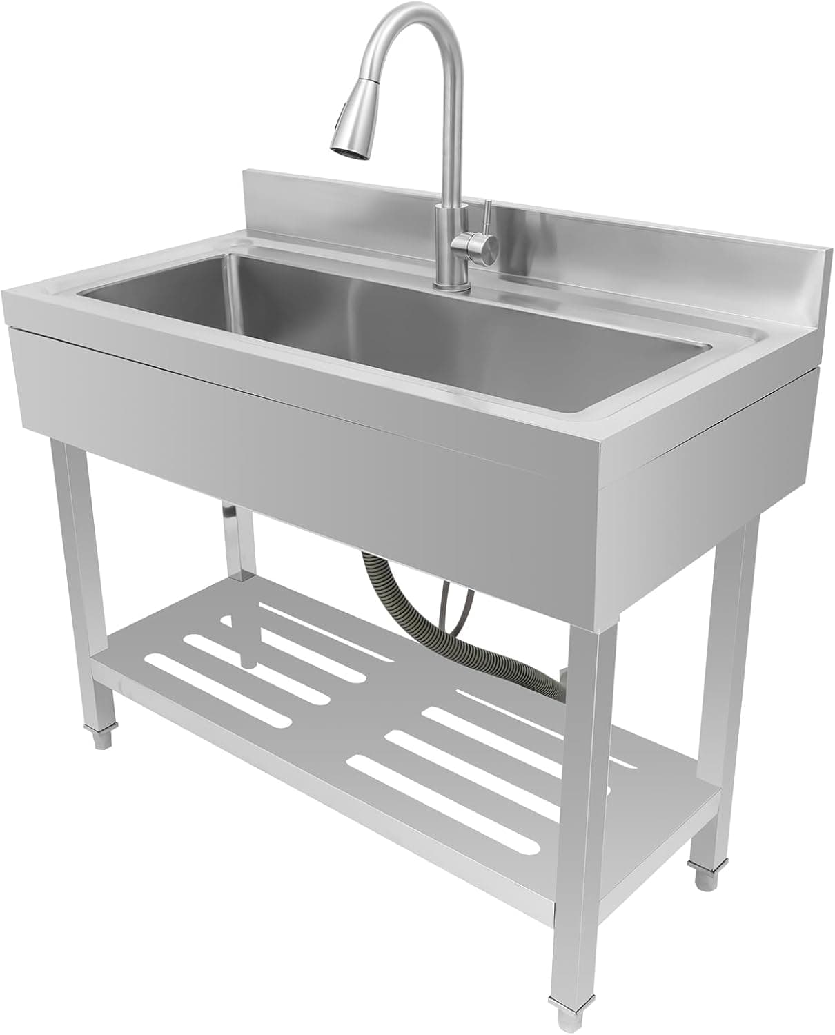 Stainless Steel Utility Sink, Freestanding Single Bowl Laundry Sink with 360° Pull-Out Faucet, Adjustable Feet & Storage Shelf for Kitchen Laundry Room Farmhouse Indoor and Outdoor, 39" x 20" x 31.5"