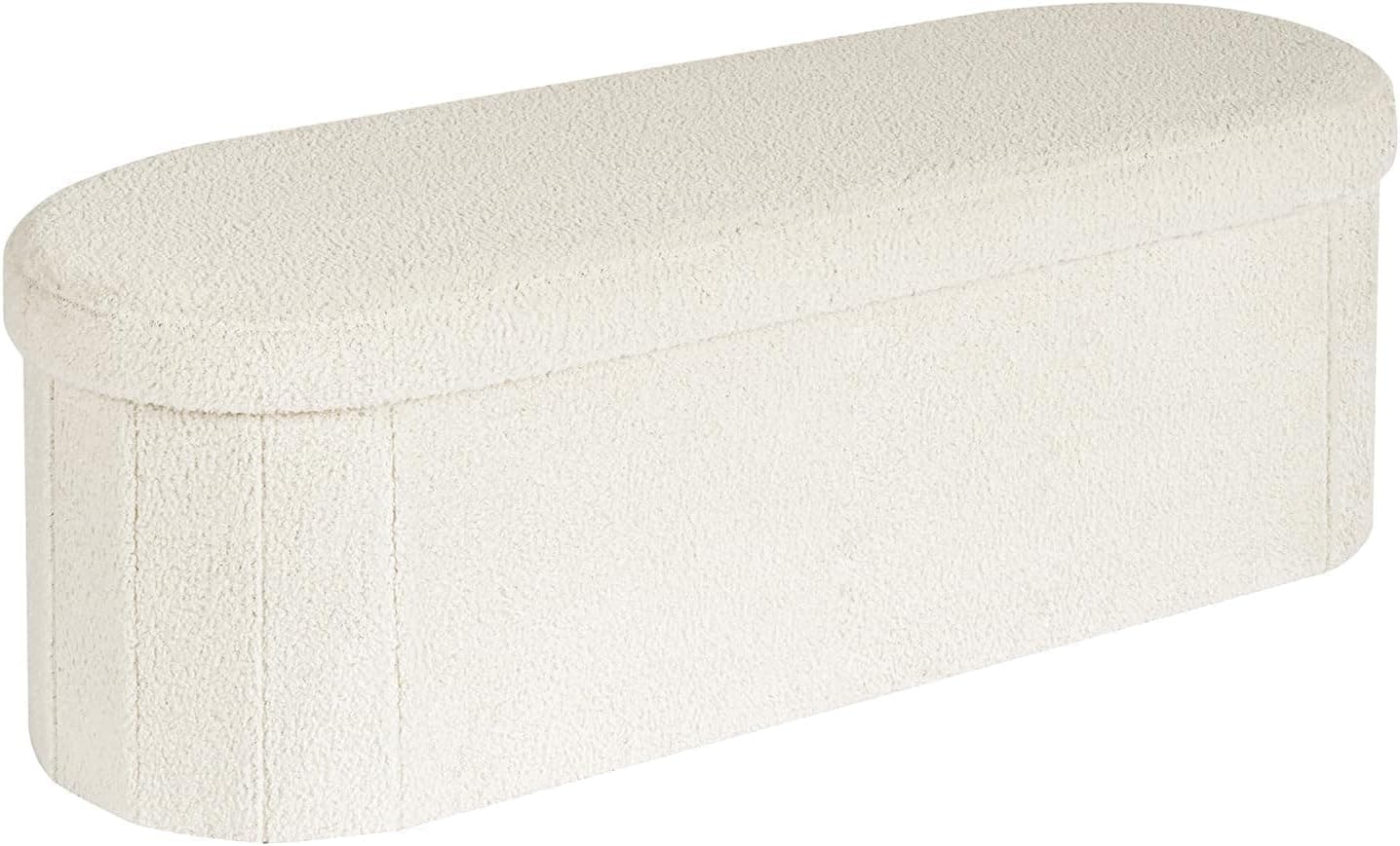 B FSOBEIIALEO Ottoman with Storage for Living Room, Sherpa Folding Storage Ottoman Foot Rest, 43.3 Inches Collapsible Bedroom Bench Cream White