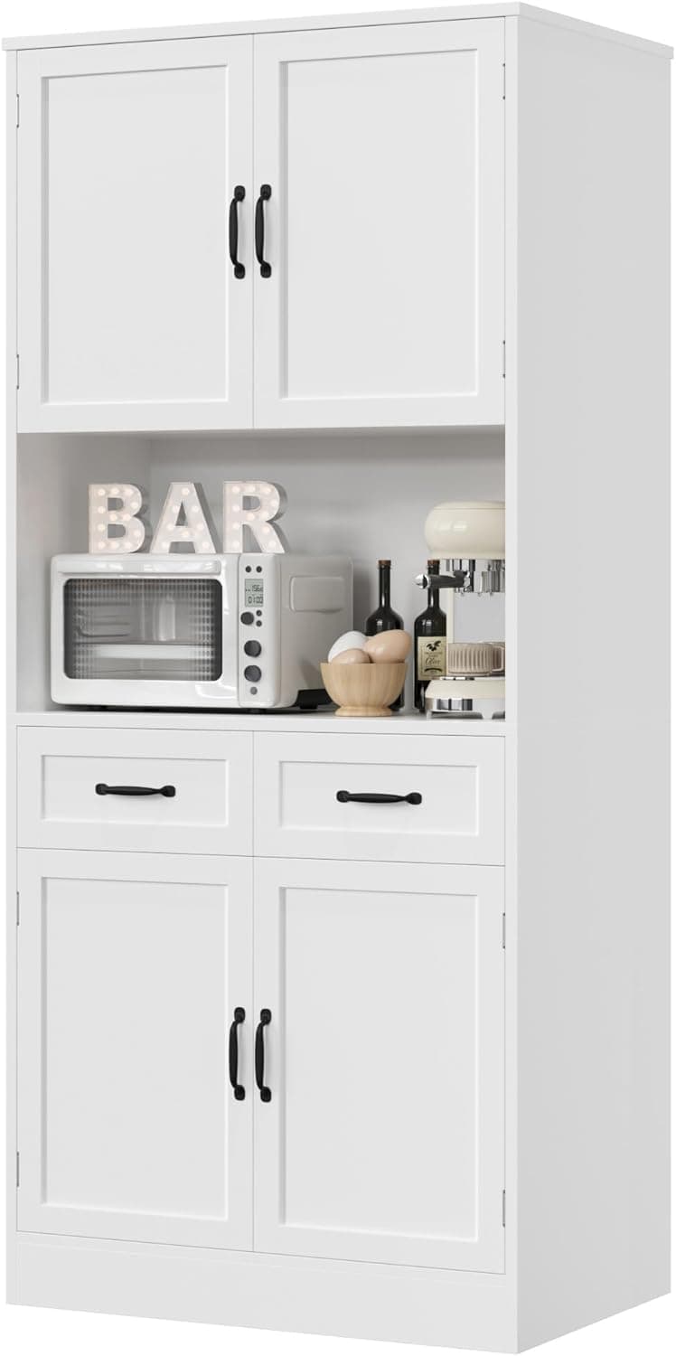 HOSTACK 71“ Tall Kitchen Pantry Storage Cabinet, Modern Kitchen Hutch Bar Cabinet with Microwave Stand, Wood Buffet Sideboard with Hutch, Cupboard with Drawers, Shelves for Dining Room, White