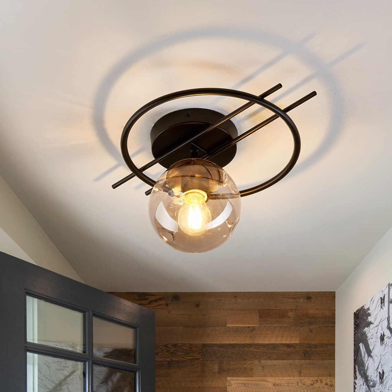 Matte black & gold finish Semi Flush Mount Ceiling Light Fixture Mid Century Modern Chandelier with Glass Globe Small Indoor Lighting for Kitchen Hallway Bathroom Bedroom Closet Farmhouse Proch.