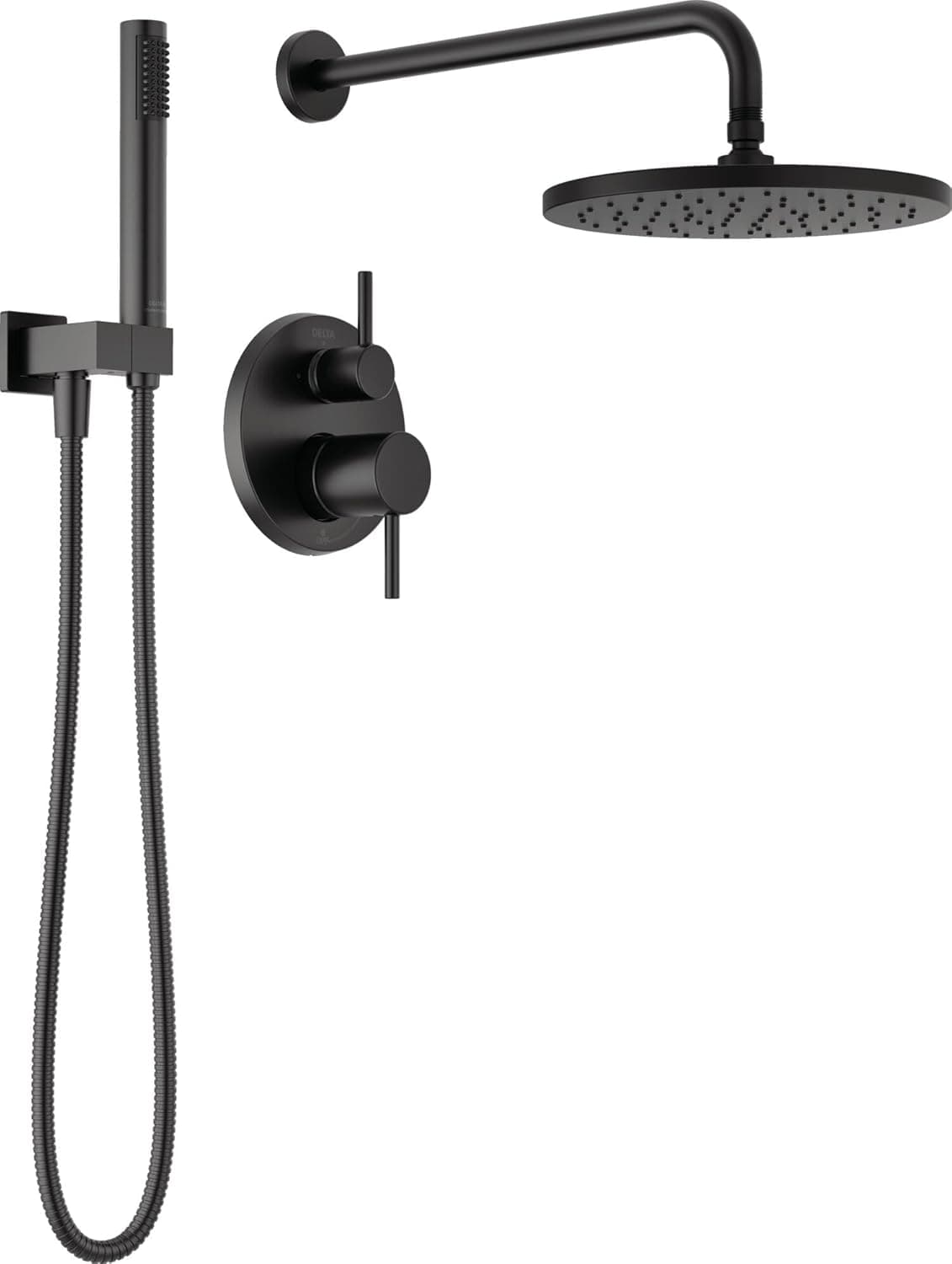 Delta Modern 14 Series Round Rain Shower System Faucet Set, Rainfall Matte Black Shower Head and Handle Set, Valve Trim Kit, 10 Inch, Matte Black 342702-BL