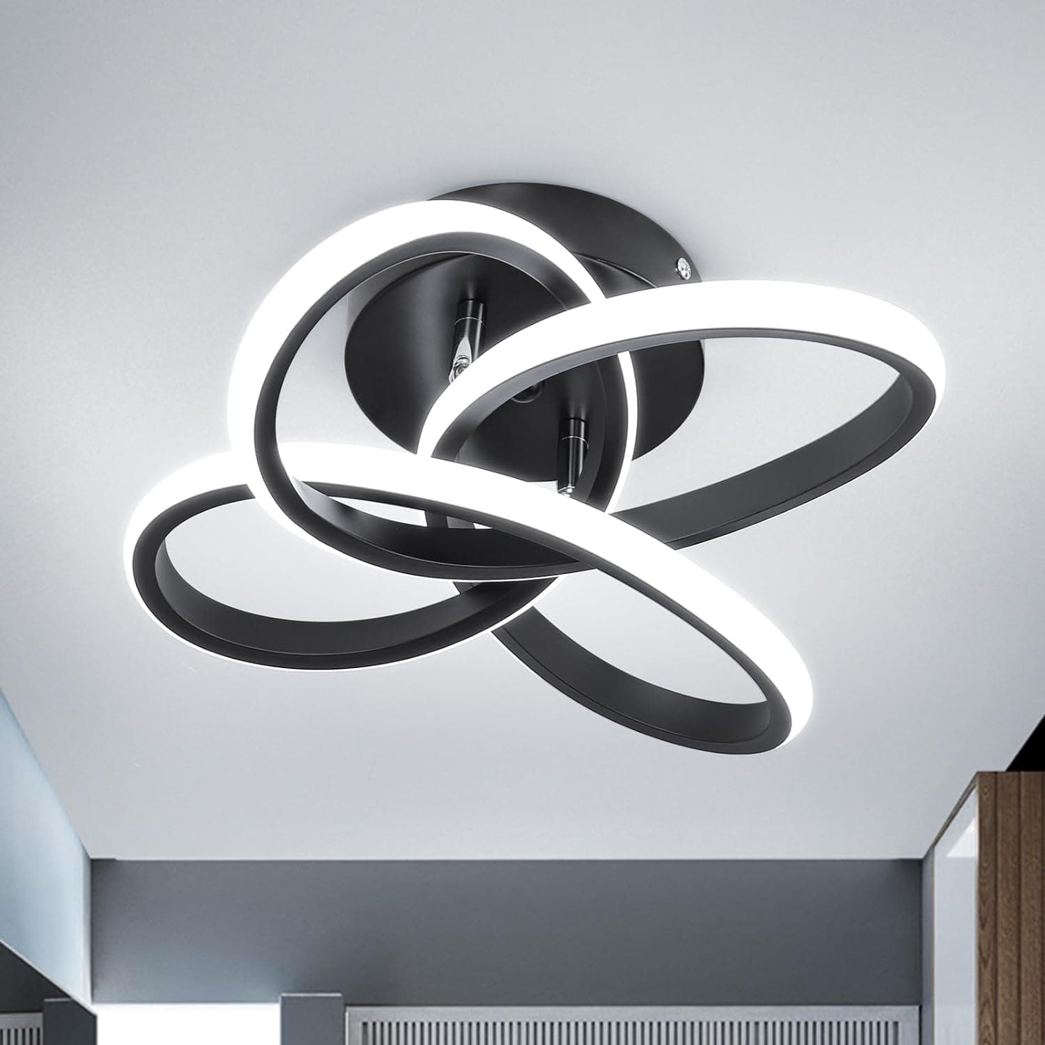 CANOE Modern LED Ceiling Light Fixture, Cool White Small Hallway Light, Black Close to Ceiling Lamp for Hallway, Bedroom, Bathroom, Entryway, Balcony, Stair, Curved Design