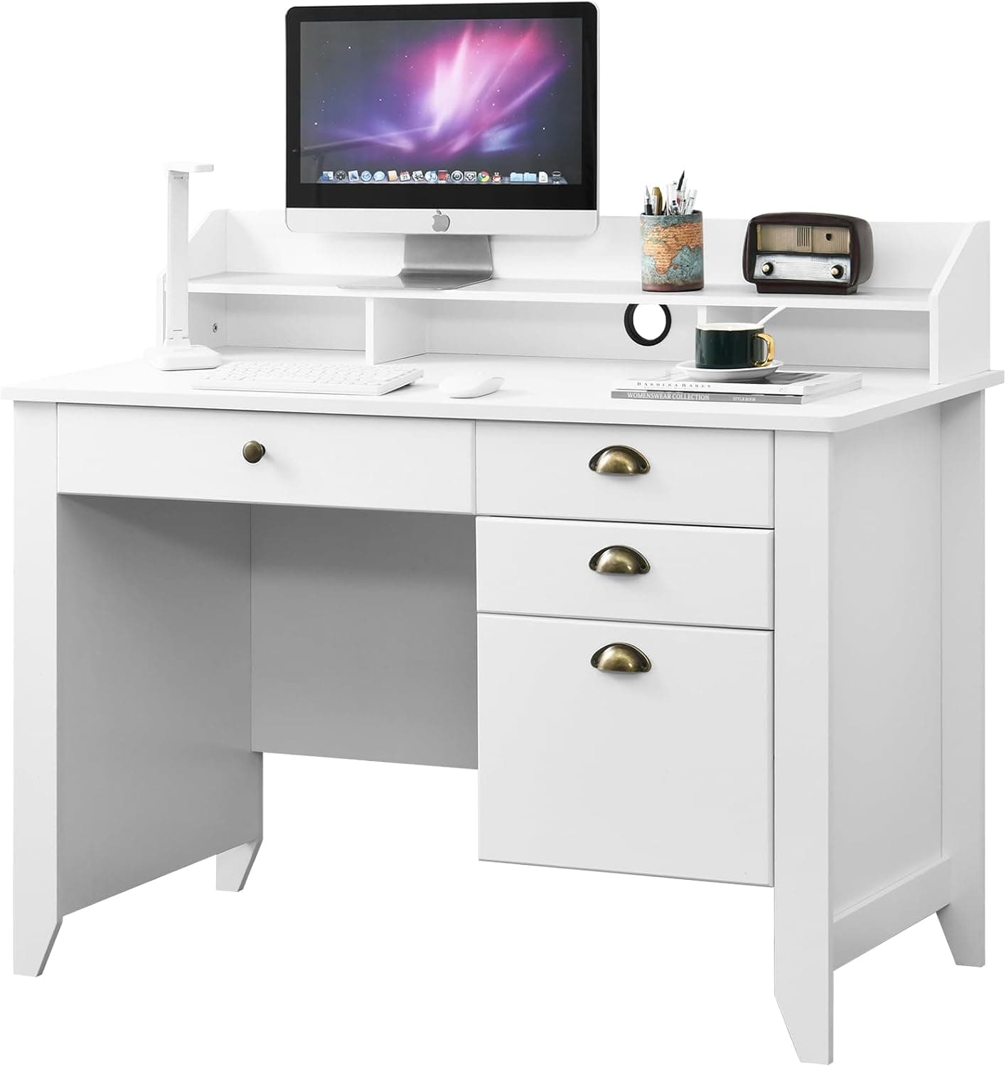 Catrimown Computer Desk with Drawers and Hutch, 47 Inch Home Office Desk with File Drawers, Student Girls Desks, Teens Writing Table with Hutch, Small Desk with Drawer for Bedroom, White