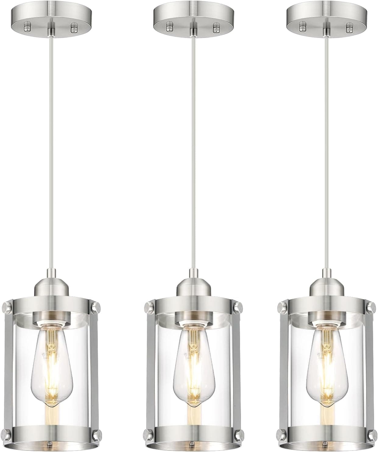 Brushed Nickel Pendant Lights Kitchen Island 3 Pack, Modern Kitchen Pendant Lighting Over Island with Clear Glass, Farmhouse Mini Hanging Light for Sink Dining Room, OS-3014-3PBNC