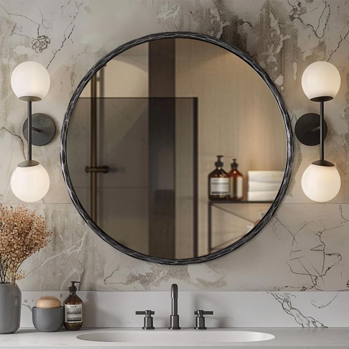 ANDY STAR Hand-Forged Round Mirror for Wall, 36 Inch Black Solid Steel Metal Frame Circle Mirror, Antique Rounded Bathroom Mirror for Living Room, Bedroom, Entryway, Vanity