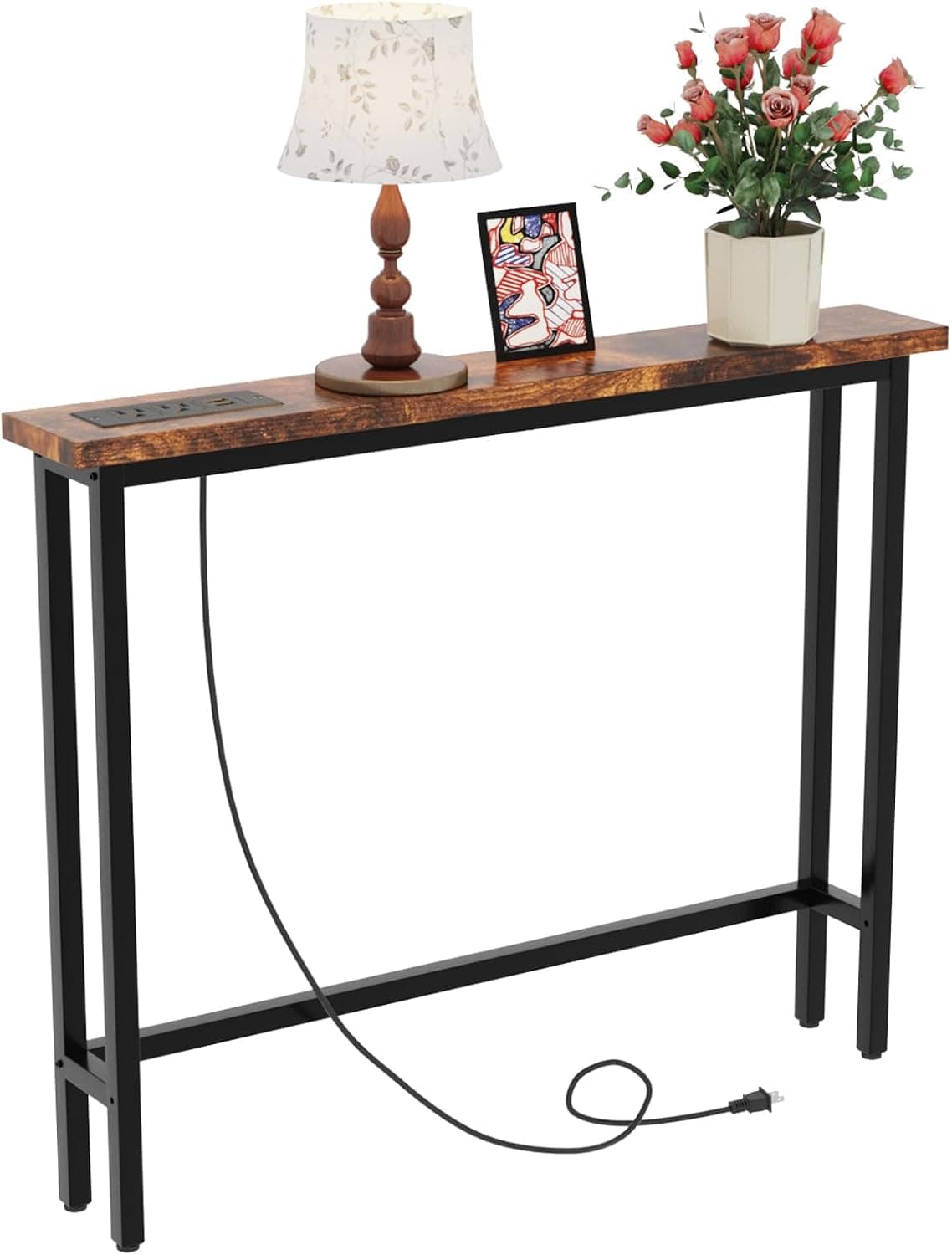 VINGLI 39" Console Table with Charging Station, 5.9" Narrow Sofa Table Behind Couch, Entryway Table with Power Outlet & 4.9 Ft Extension Cord & Adjustable Feet, for Living Room, Hallway, Rusitc Brown