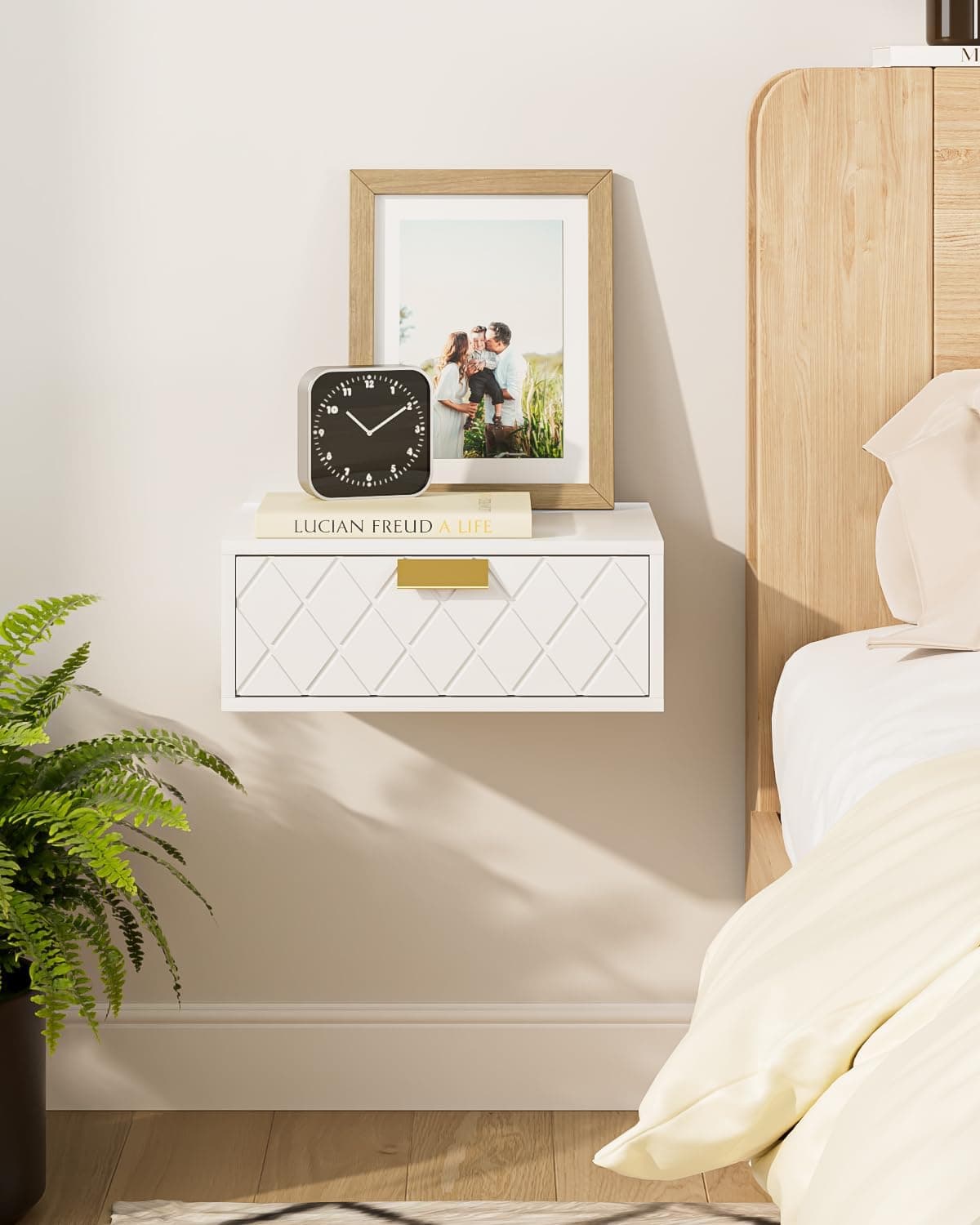 Floating nightstand, Floating Shelf with Drawer, Wall Mounted Nightstand, Floating Bedside Table (White Diamond)