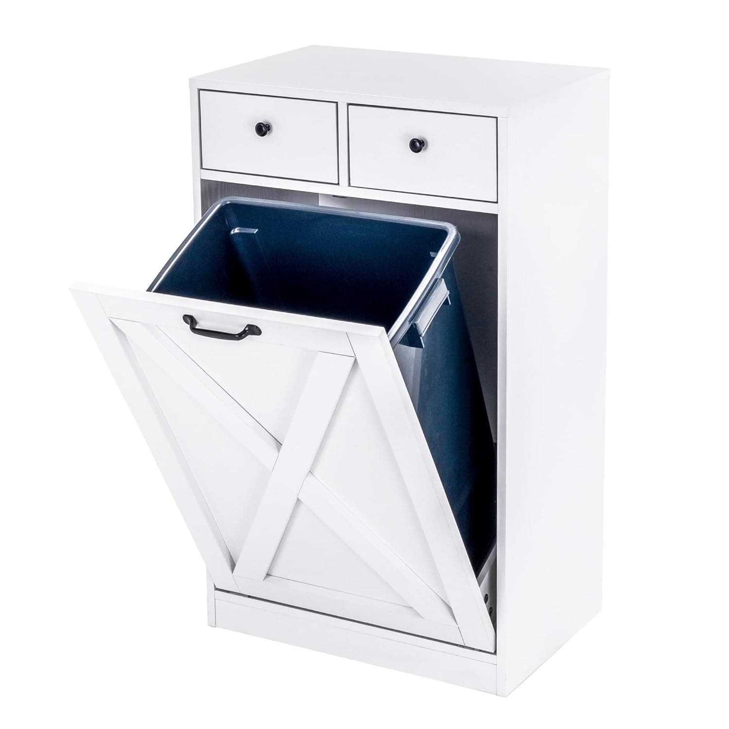 13 Gallons Tilt Out Trash Can Cabinet, Wooden Trash Cabinet with 2 Drawers, Free Standing Kichen Waste Bin Recycling Cabinet Pet Proof Hidden Trash Cabinet for Kitchen (White)