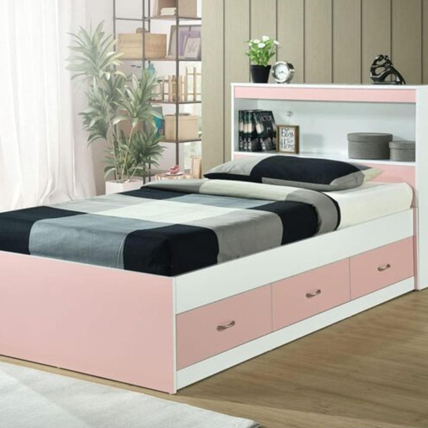 Hodedah Twin-Size Captain Bed with 3-Drawers and Headboard in Pink