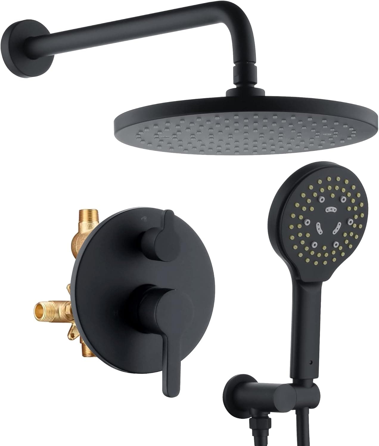 Matte Black Shower Faucet Set, Wall Mount Rain Shower System 10 Inches Shower Head and Shower Handheld, Included Pressure Balance Valve and Trim Kit