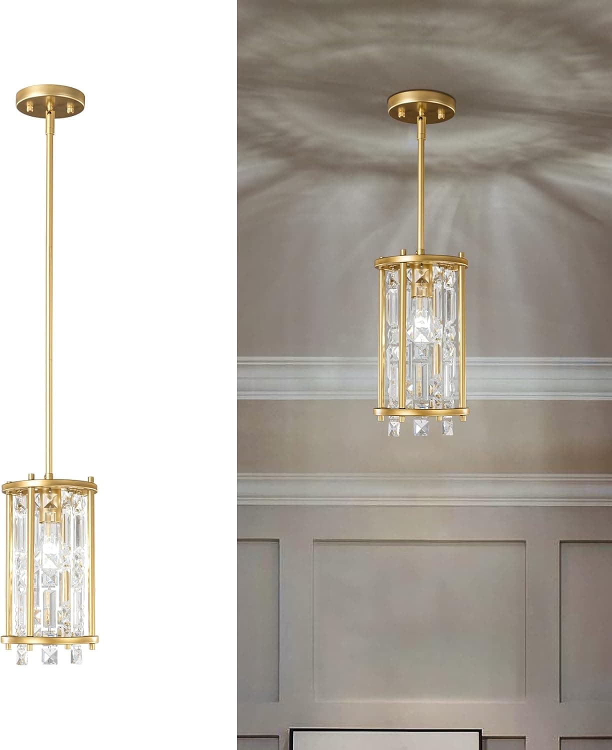 LMQNINE Modern Gold Pendant Lights Kitchen Island, Crystal Chandelier Lights Fixture, Elegant Adjustable Pendant Lighting for Dining Room Bedroom (Round 1-Light)