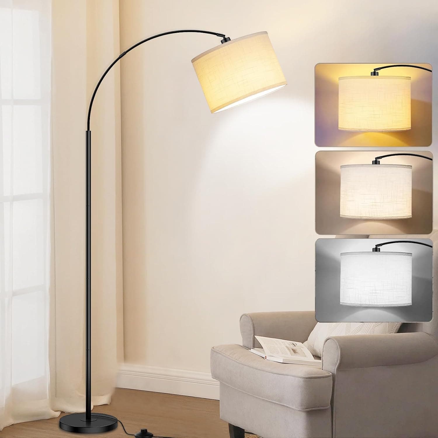Arc Floor Lamps for Living Room,Modern Standing Lamp with 3 Color Temperature,Over Couch Arched Tall Pole Lamp with Foot Switch for Bedroom,Office,Bulb Included