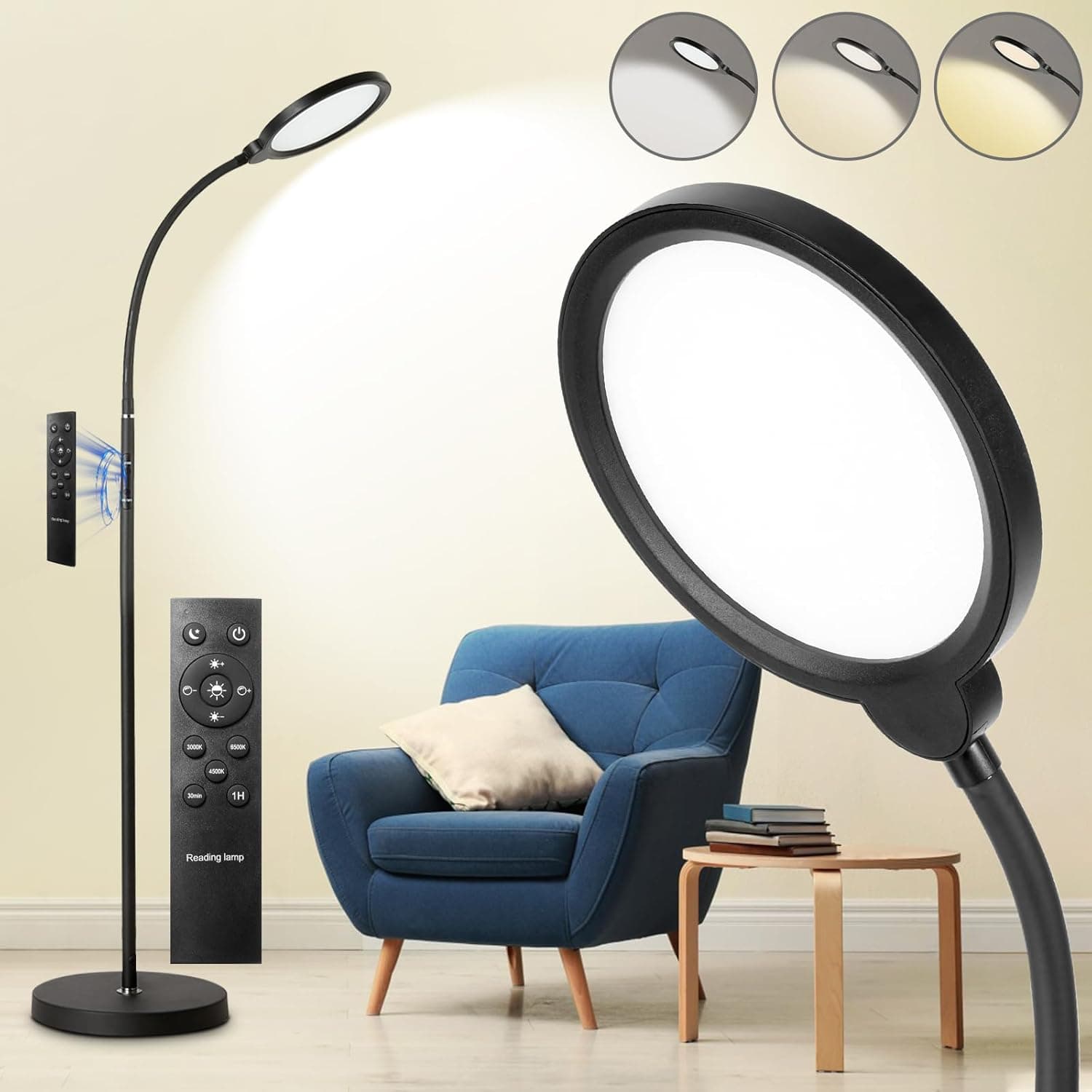 LED Floor Lamp, Living Room Lamps, 3 Color Temperatures Bright Modern Tall Lamp, Adjustable Gooseneck Standing Lamp with Remote & Touch Control,Floor Lamp for Living Room, Bedroom, Office